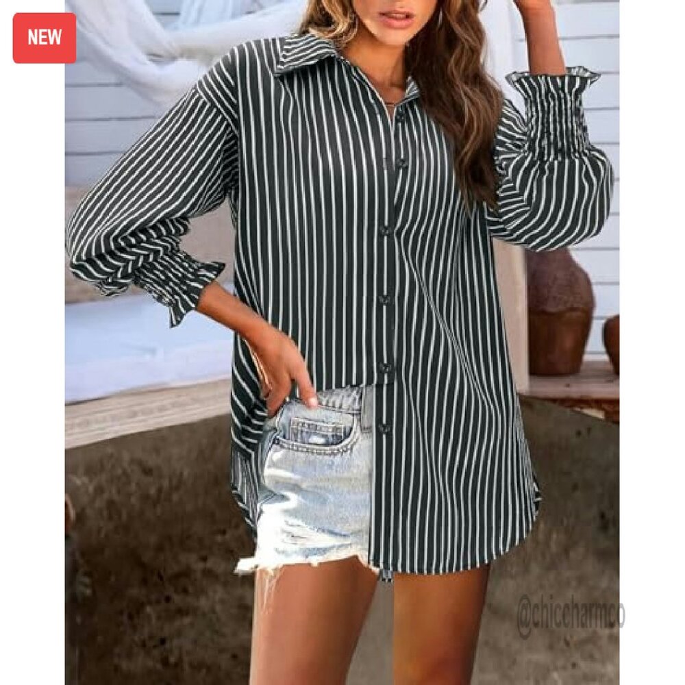 Oversized Striped Button Down Blouse Smocked Cuff… - image 4